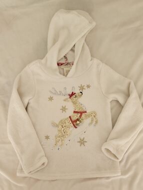 Cynthia Rowley White Hooded Fleece Top with Gold Sequin Reindeer